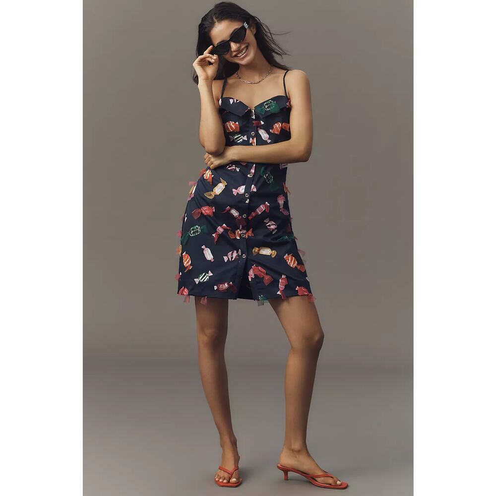 New Anthropologie Maeve Printed Buttondown Mini Dress $228 SIZE 8 Navy APPLIQUED - Picture 4 of 5